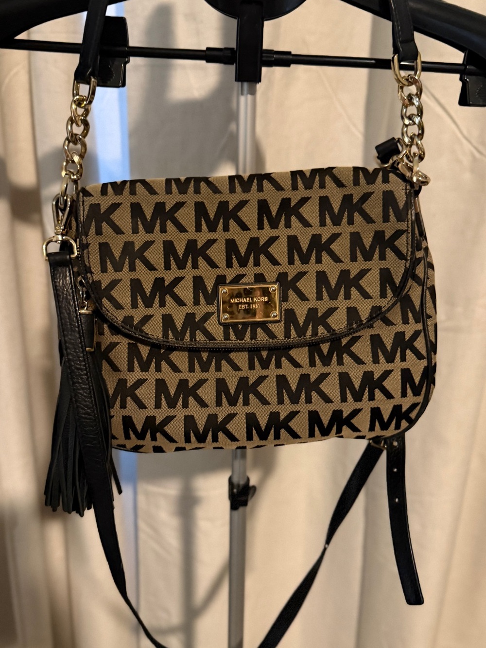 Michael Kors Jet Set Large Logo Jacquard Crossbody Shoulder Bag Black Tan